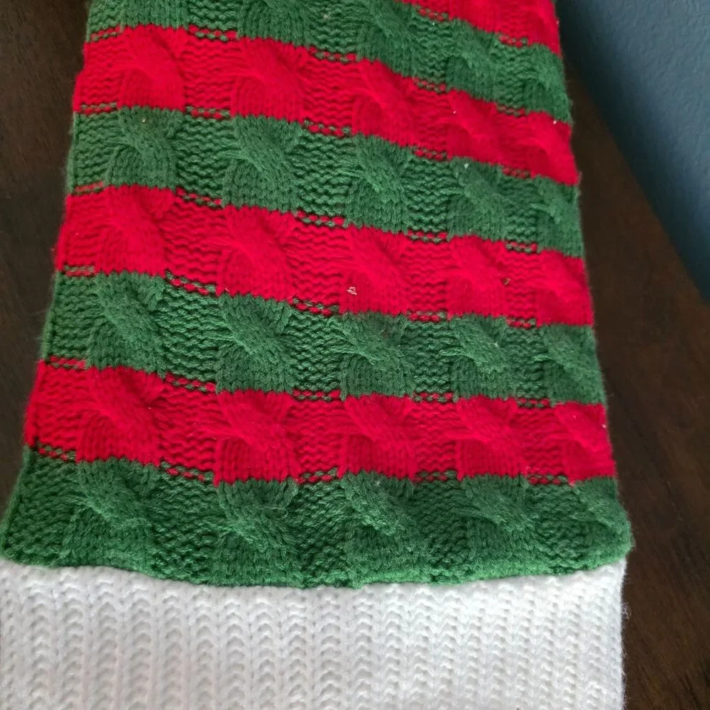 Ashland Christmas Tree Skirt 4ft Red Green Striped Cable Knit Pom Pom Ties NWT
